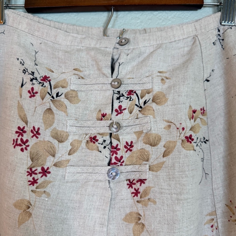 Orvis Linen Natural Tan Asian Cherry Blossom Floral A Line Pleated Midi Skirt M - Picture 3 of 7
